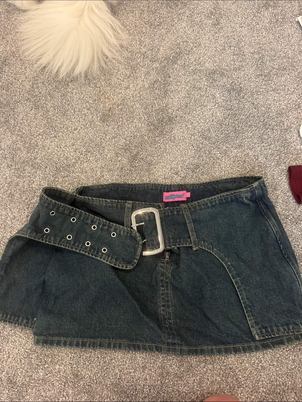 Edikted Dark Wash Denim Skirt with Pink Logo Tab